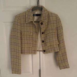 Zara Women's Beige and Brown Plaid Blazer
